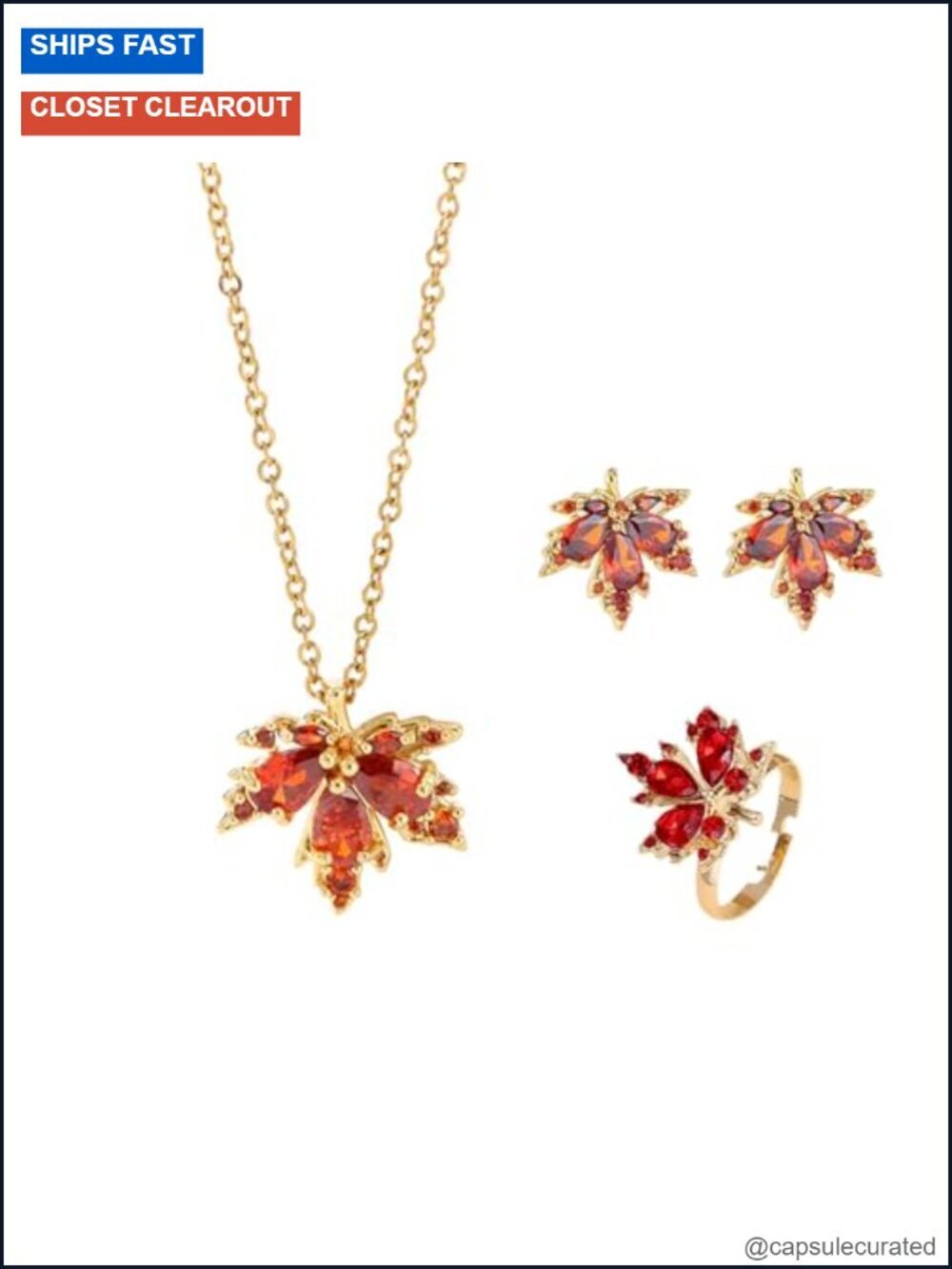 Copper Maple Leaf Jewelry Set with Rhinestone Necklace, Bracelet, Earrings